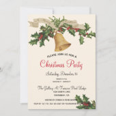ヴィンテージ金ゴールドベルメリークリスマスリボンディナーパーティー 招待状 (正面)