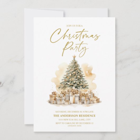 ヴィンテージ金ゴールドホワイトクリスマスツリーギフトパーティー 招待状 (正面)