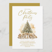 ヴィンテージ金ゴールドホワイトクリスマスツリーギフトパーティー 招待状 (正面/裏面)