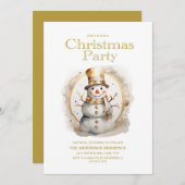 ヴィンテージ金ゴールドホワイト雪だるまクリスマスパーティー 招待状 (正面/裏面)