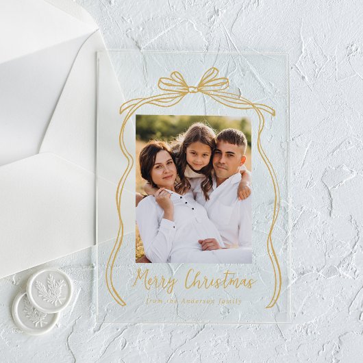 ヴィンテージ金ゴールドボウメリークリスマスフォト アクリル招待状