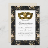 ヴィンテージ金ゴールドマスカレードフローラダマスククキンセアニラ 招待状 (正面/裏面)
