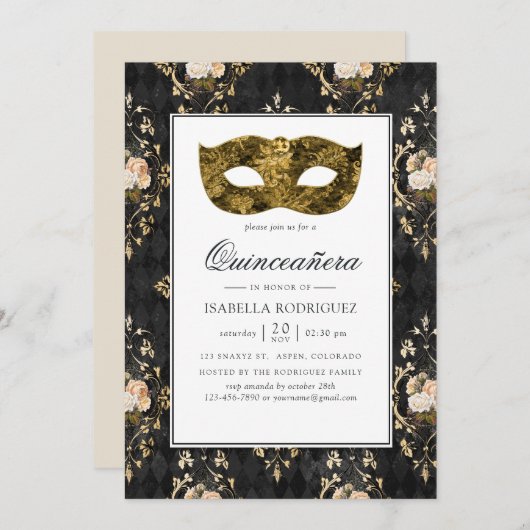 ヴィンテージ金ゴールドマスカレードフローラダマスククキンセアニラ 招待状 (正面/裏面)