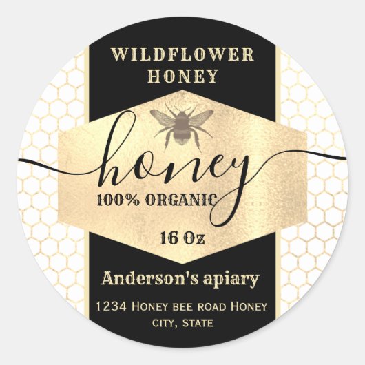 ヴィンテージ金ゴールドミツバチのスクリプトhoney jarラベル ラウンドシール (正面)