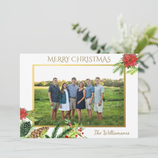 ヴィンテージ金ゴールドメリークリスマスボタニカルフォト シーズンカード (スタンド正面)