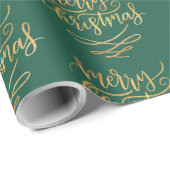 ヴィンテージ金ゴールドメリークリスマス書道グリーン ラッピングペーパー (ロールコーナー)