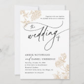 ヴィンテージ金ゴールドモダンフローラスクリプト結婚の写真 招待状 (正面)