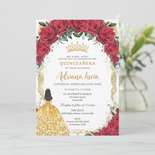 ヴィンテージ金ゴールドレッドローズイエロードレスキンセアニラ 招待状 (スタンド正面)