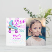 ヴィンテージ金ゴールドローラースケートで滑る誕生日パーティー写真 招待状 (スタンド正面)