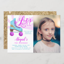 ヴィンテージ金ゴールドローラースケートで滑る誕生日パーティー写真