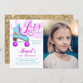 ヴィンテージ金ゴールドローラースケートで滑る誕生日パーティー写真 招待状