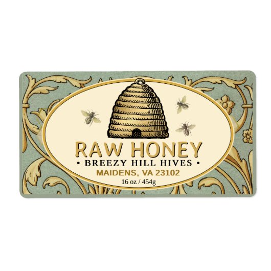 ヴィンテージ金ゴールド串とミツバチ長方形ハチミツ ラベル (正面)