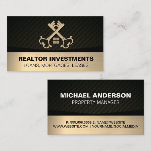 ヴィンテージ金ゴールド交差鍵 | 実在地 名刺 (正面/裏面)