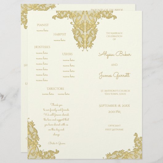 ヴィンテージ金ゴールド及びアイボリー結婚式 プログラム (正面/裏面)