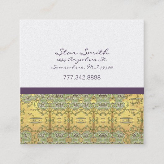 ヴィンテージ金ゴールド及び紫渦巻形のの花柄 スクエア名刺 (正面)