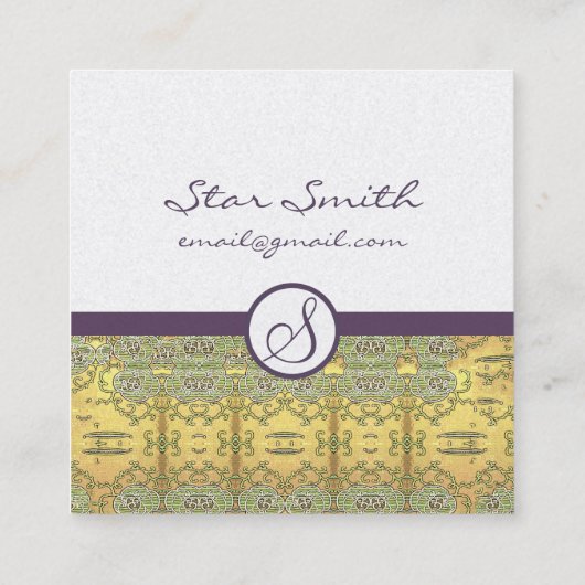 ヴィンテージ金ゴールド及び紫渦巻形のの花柄 スクエア名刺 (裏面)