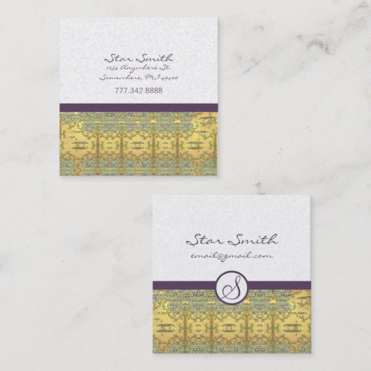 ヴィンテージ金ゴールド及び紫渦巻形のの花柄 スクエア名刺 (正面/裏面)