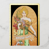 ヴィンテージ金ゴールド春女神、ミュシャ、50誕生日 箔招待状 (正面)