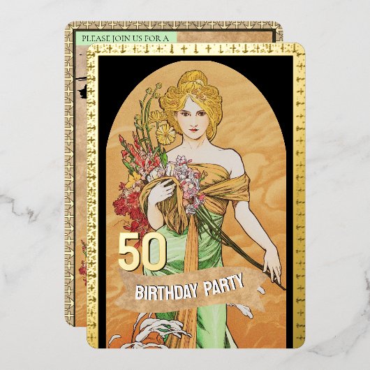 ヴィンテージ金ゴールド春女神、ミュシャ、50誕生日 箔招待状 (正面/裏面)