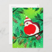 ヴィンテージ金ゴールド樹林冬の鳥 シーズンポストカード (正面/裏面)