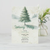 ヴィンテージ金ゴールド水色クリスマスパインツリーパーティー 招待状 (スタンド正面)