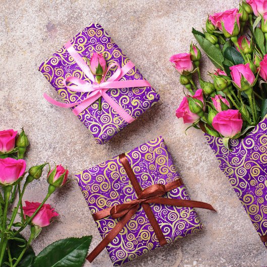 ヴィンテージ金ゴールド渦巻きパターガーリーン紫の妖精 ラッピングペーパー