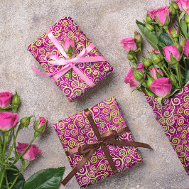 ヴィンテージ金ゴールド渦巻き模様かわいいピンクガーリー色 ラッピングペーパー