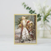 ヴィンテージ金ゴールド父クリスマスと木とおもちゃつき シーズンポストカード (スタンド正面)