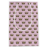 ヴィンテージ金ゴールド王室のクラウンパターンピンクリネンシック ミディアムペーパーバッグ (正面)