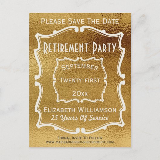 ヴィンテージ金ゴールド白い日付除・売却パーティーの保存 案内ポストカード (正面)