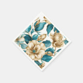 ヴィンテージ金ゴールド白ティール（緑がかった色）花柄 スタンダードカクテルナプキン (角)