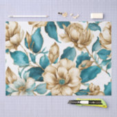 ヴィンテージ金ゴールド白ティール（緑がかった色）花柄 薄葉紙 (クラフト)