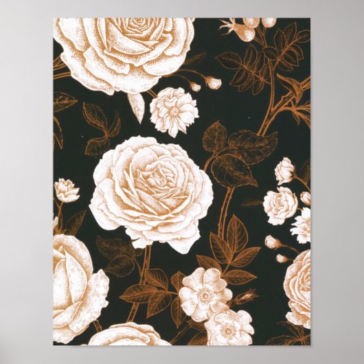 ヴィンテージ金ゴールド白黒葉バラ ポスター (正面)