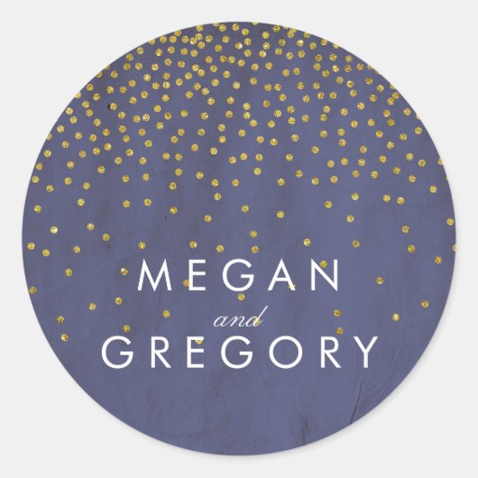 ヴィンテージ金ゴールド紙吹雪ネイビー結婚ズ ラウンドシール (正面)