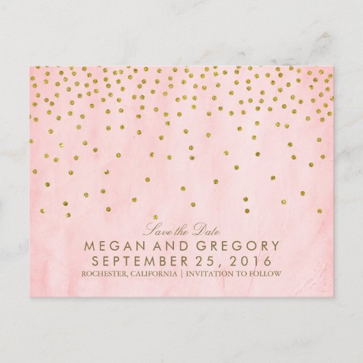 ヴィンテージ金ゴールド紙吹雪ピンク日付を保存 案内ポストカード (正面)
