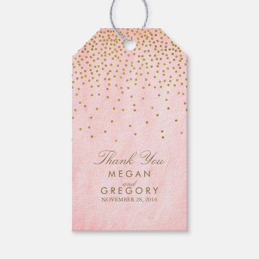 ヴィンテージ金ゴールド紙吹雪結婚ピンク ギフトタグ (正面)