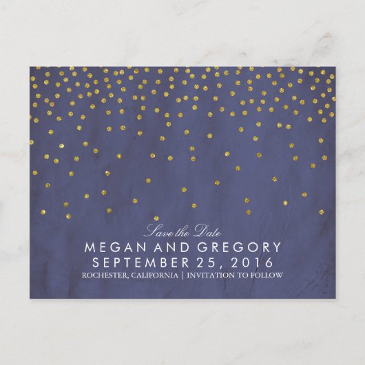 ヴィンテージ金ゴールド紙吹雪navy日付の保存 案内ポストカード (正面)