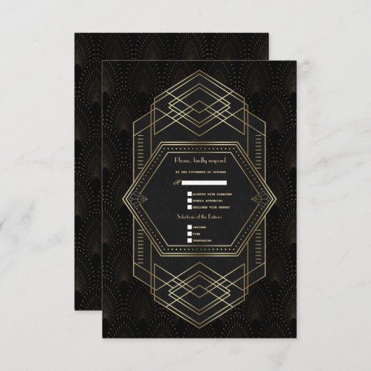 ヴィンテージ金ゴールド素晴らしギャツビー20sウェディングRSVP 出欠カード (正面/裏面)