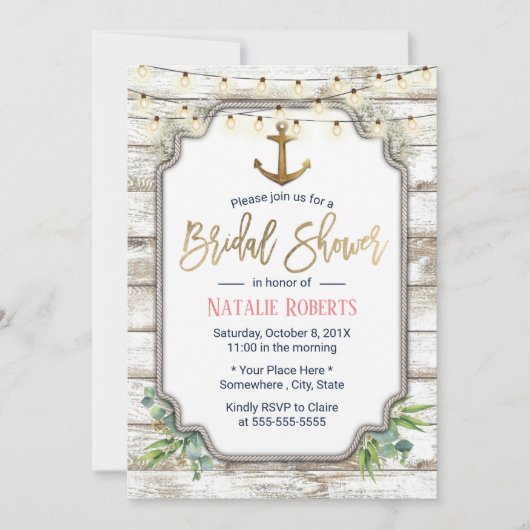 ヴィンテージ金ゴールド素朴いかりウッドブライダルシャワー 招待状 (正面)