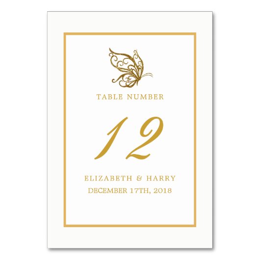 ヴィンテージ金ゴールド結婚グリッター蝶のテーブル番号。 テーブルナンバー (正面)