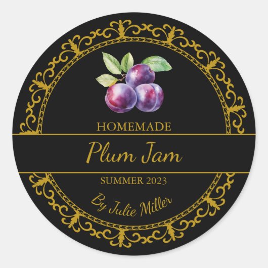 ヴィンテージ金ゴールド自家製プラムジャムラベル |黒 ラウンドシール (正面)