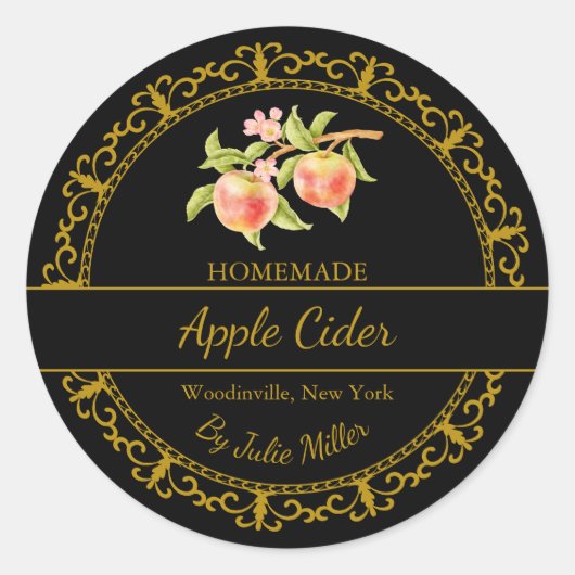 ヴィンテージ金ゴールド自家製Apple Ciderラベル |黒 ラウンドシール (正面)