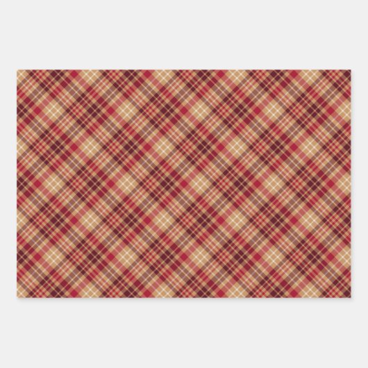 ヴィンテージ金ゴールド茶色の赤い対角の格子模様の共感国 ラッピングペーパーシート (正面3)
