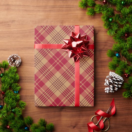 ヴィンテージ金ゴールド赤い対角の格子付き農家 ラッピングペーパー (クリスマスギフト)