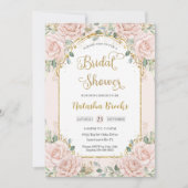 ヴィンテージ金ゴールド赤面ピンクフローラブライダルシャワーQR 招待状 (正面)