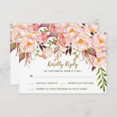 ヴィンテージ金ゴールド赤面ピンク牡丹ウェディングRSVPカード 出欠カード (正面/裏面)