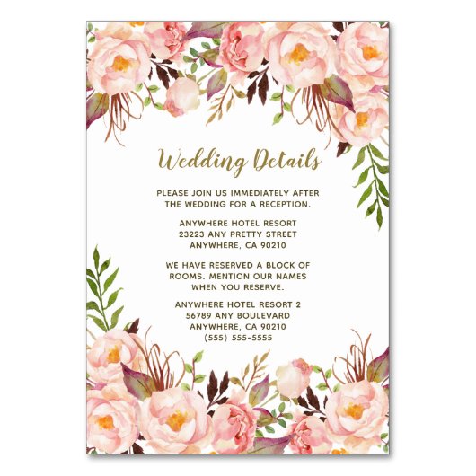 ヴィンテージ金ゴールド赤面ピンク結婚牡丹の挿入カード テーブルナンバー (正面)