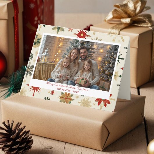 ヴィンテージ金ゴールド雪片クリスマスフォト折り畳み シーズンカード