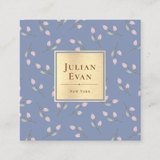 ヴィンテージ金ゴールド青い花模様 スクエア名刺 (正面)