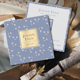 ヴィンテージ金ゴールド青い花模様 スクエア名刺